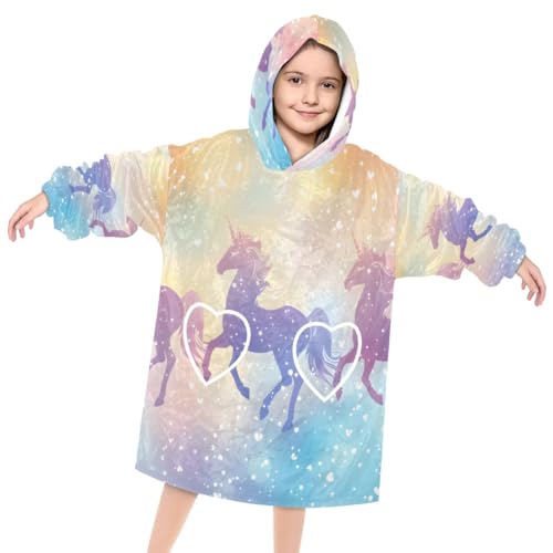 Wearable Blanket Hoodie for Kids, Horses Rainbow Fleece Sweatshirt Blanket Oversized Blanket Sweatshirt with Pocket Flannel Warm Hooded Blanket 6-10 Year Old Girl Boy Gift, One Size