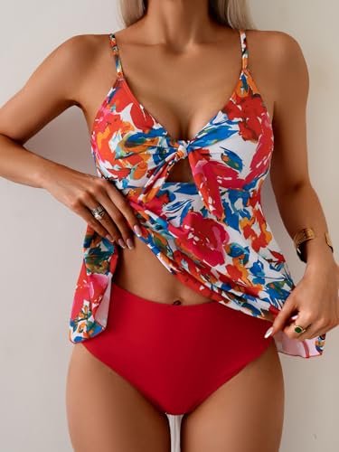 Image of Eomenie Two Piece Tankini Swimsuits for Women Tummy Control Cutout Bathing Suit Tie Knot Flowy Swim Dress with Bottom
