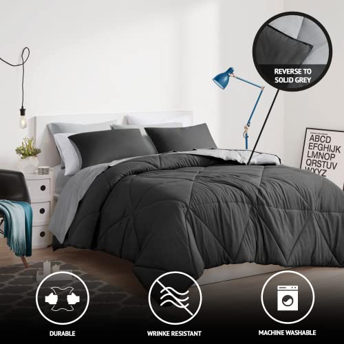 Image of Comfort Spaces Vince Reversible Bed In A Bag - Trendy Casual Geometric Quilted Cover, All Season Down Alternative Cozy Bedding, Matching Sham, Black /Gray, Queen 9 piece