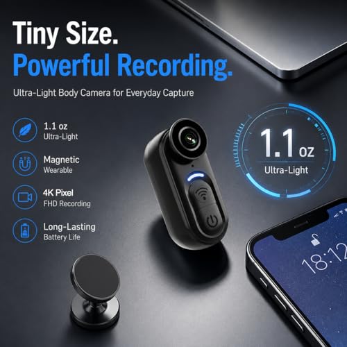 Image of 4K Mini Wearable Body Camera - 64GB Magnetic Thumb-Size Action Cam, 6-Axis Stabilization, Audio /Video Recording, Hands-Free POV for Vloggers, Hikers, Workers, Cycling, Travel & Daily Use
