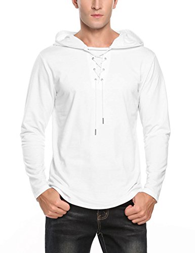 JINIDU Men's Lightweight Hipster Hip Hop Slim Fit Lace-up Pullover Hoodie Shirts White