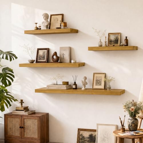 Image of Solid Wood Floating Shelves for Wall 48 inch,Natural Wooden Shelf Set of 1 | Rustic Wood Wall Floating Shelf with Invisible Brackets,Floating Wooden Shelves for Living Room,Bathroom,Bedroom,Kitchen