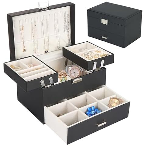 FUNARTY Jewelry Boxes Jewelry Holder for Women and Girls, Jewelry Organizer Box, 3 Layers PU Leather Jewelry Storage Organizer for Ring, Necklace, Bracelets, Earring, Black Cover