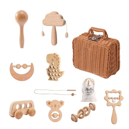 TAYTHI木のおもちゃ 赤ちゃん おもちゃ ガラガラ 木の揺れる音 可愛い音がする ベビー 木製 ガラガラ ラトル 8個セット 無塗装 幼児 出産祝い ミニカー ギフト 贈り物 知育玩具 (G)