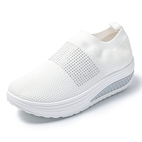 JOMIX Zapatillas Mujer sin Cordones Zapatillas Basculantes Sneakers Mujer Verano Zapatos Mecedores Transpirables Adelgazar Caminata Jogging Fitness, Blanco, 39 EU