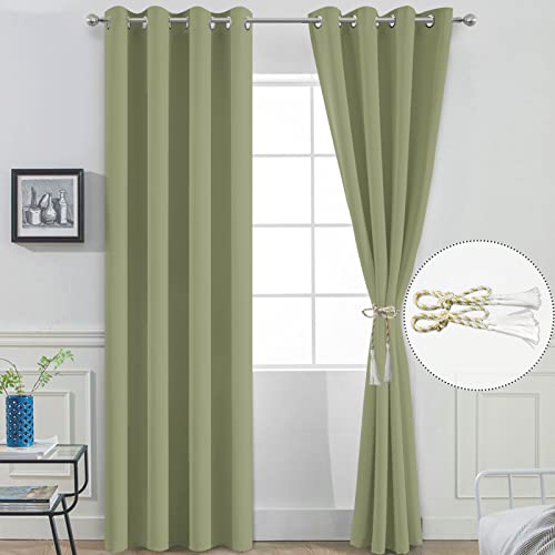 Yakamok Light Blocking Blackout Curtains Thermal Insulated Room Darkening Drapes for Bedroom,Solid Grommet Top Window Drapes, 52x96 Inch, Sage Green, One Pair