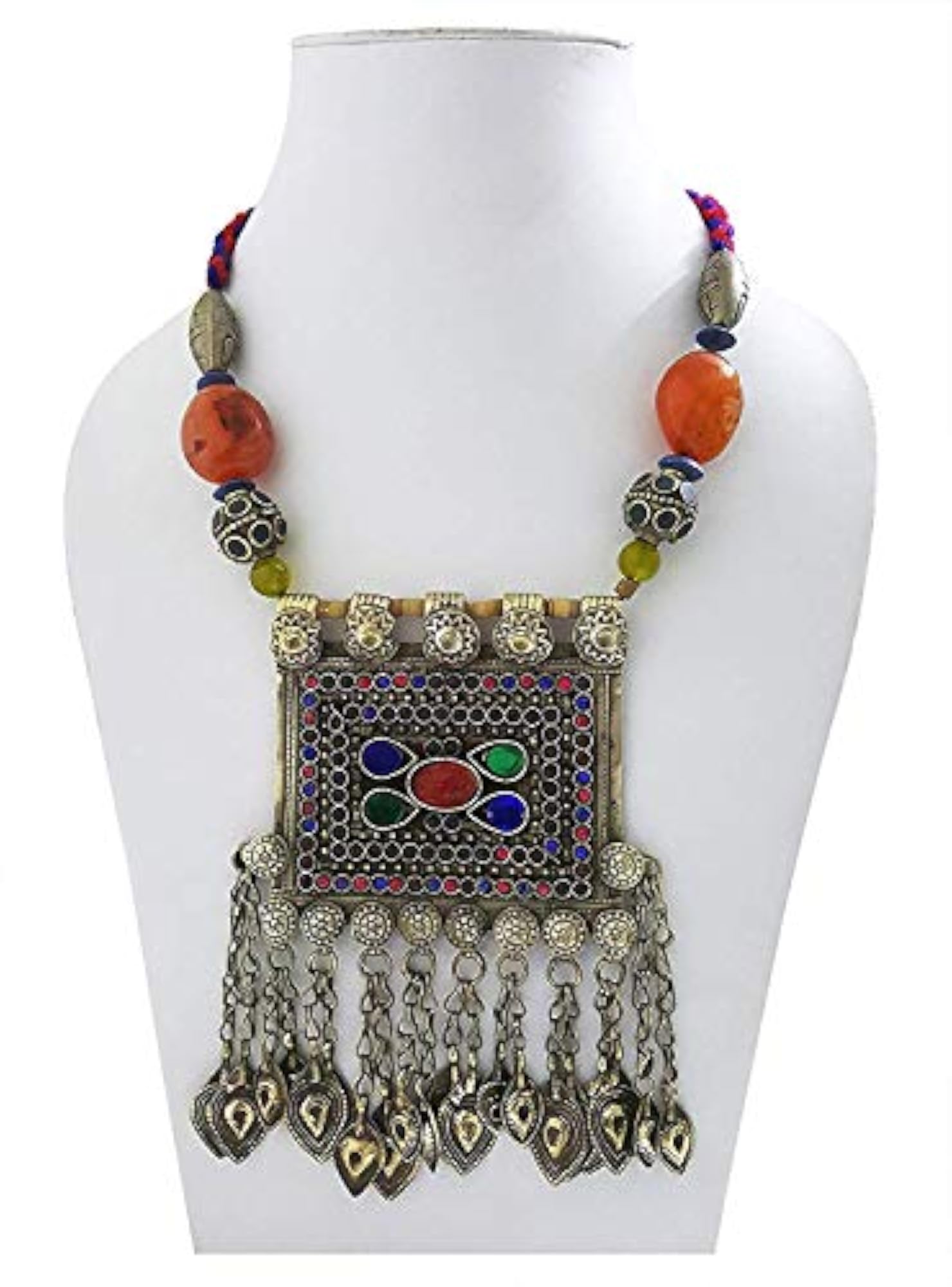 Afghani Tribal Long Necklace with Thread Cord, Bohemian Style