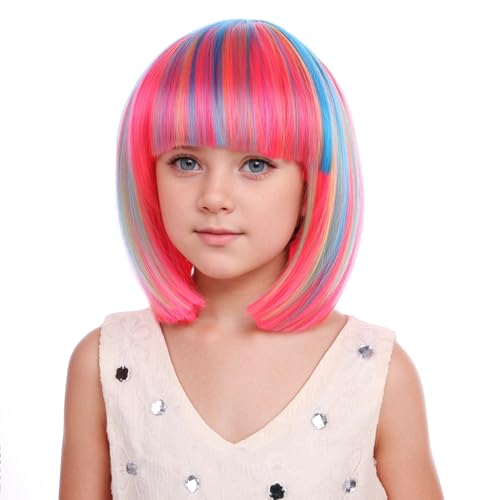 Image of PATTNIUM Colorful Bob Wig with Bangs Short Rainbow bob Wig Multicolor Wig Cosplay Party Synthetic Wig