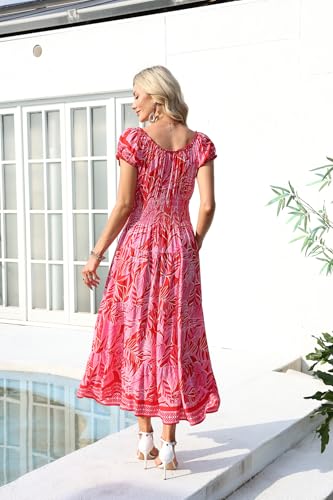 Image of OSTOO Women's Floral Maxi Dress Boho Summer Short Sleeve Smocked Waist Tiered Long Dress