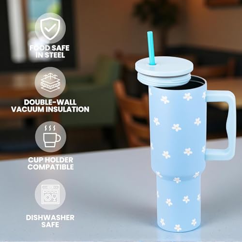 Image of CYNVEXA Tumbler with lid and Straw 1200ML Cup Stainless Steel Vacuum Insulated Tumbler for Water, Iced Tea or Coffee 1.2L Office Gym Travelling(Retro Mint Flower)
