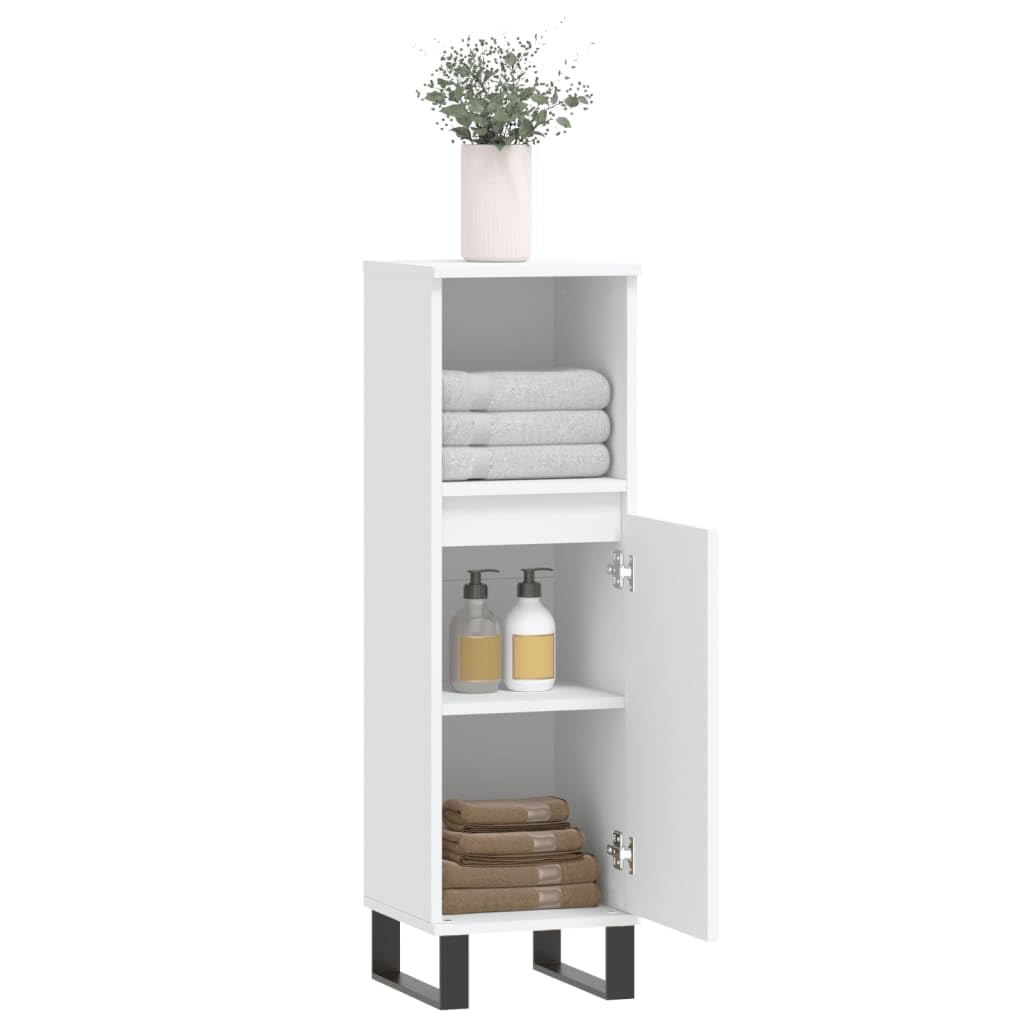 Armoire de salle de bain en bois blanc 30 x 30 x 100 cm avec porte et compartiment ouvert, installation de porte flexible, pieds en fer, meuble de salle de bain pour salle de bain, meuble sous