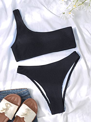 Image of YIMISAN Women's Ribbed Bikini Sets One Shoulder Top with Mid Waist Two Piece Bathing Suit