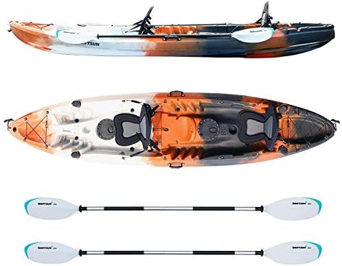 Driftsun Teton 120 Hard Kayak - 2 Person Tandem Sit-On-Top Kayak Package with 2 EVA Padded Seats, 2 Aluminum Paddles and Fishing Rod Holder Mounts (Orange)