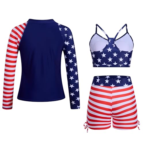 Image of Funnycokid Girls Swimsuit 3 Pieces Long Sleeve Rash Guard Zip Bathing Suits Teens Boyshort 3-14 Years