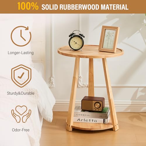 Round Living Room End Table - Natural Solid Wood Round Side Table with Lower Shelf for Living Room Couch, Bedroom Nightstand — view 5