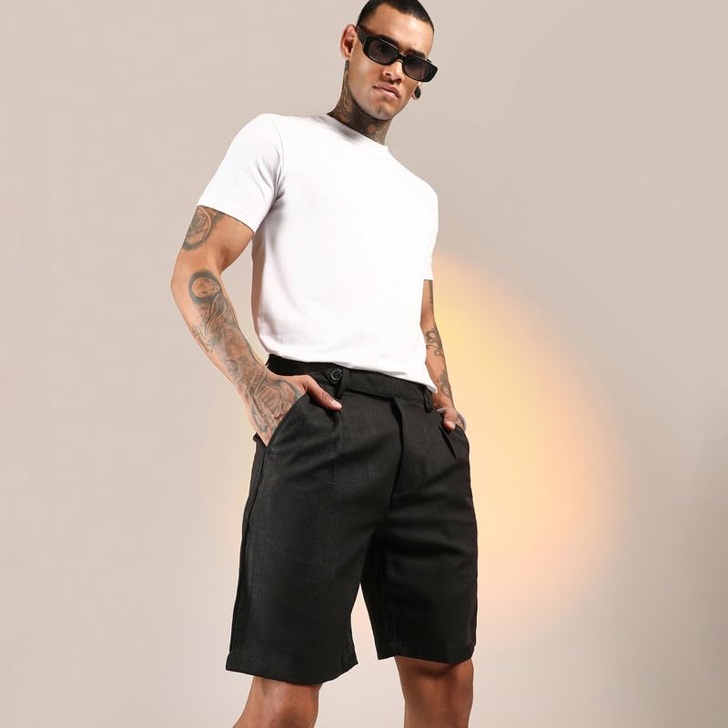 Image of CAHOOT Men's Wrinkled Tailored Shorts for Casual Wear | Mid-Rise | Regular Fit | Button Closure | Shorts Crafted with Comfort Fit for Everyday Wear