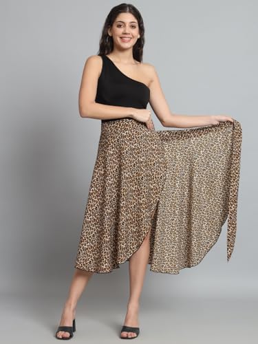 Image of Women's Floral & Animal Print Wrap Skirt - Midi Length A-Line Summer Skirt with Side Tie-Up, Tropical Cheetah Tiger Casual Beach Wear