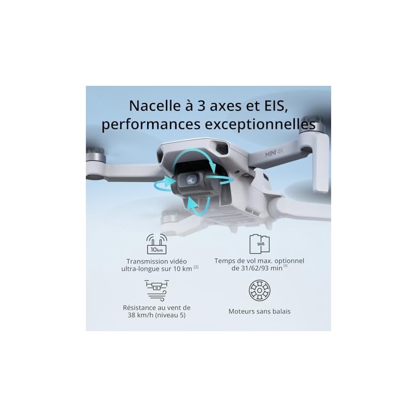dji mini 4k, drone caméra 4k uhd, moins de 249 g, stabilisation de la nacelle à 3 axes, transmission vidéo sur 10 km, retour auto, résistance au vent, temps de vol max. de 31 min, c0, quickshots
