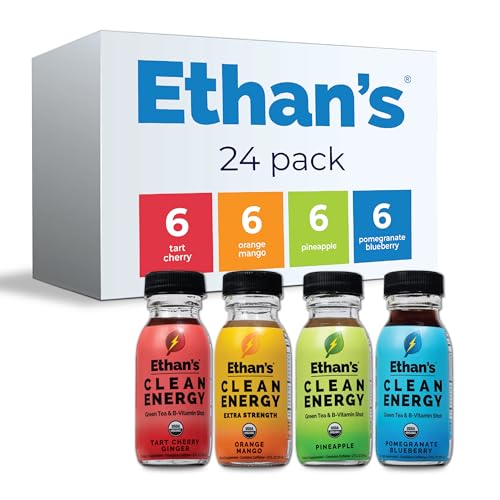 Image of Ethan's Organic Clean Energy Shots Variety Pack, 24 Pack of 2oz | 150-200mg Caffeine | 4 Organic Flavors | Green Tea, Guayusa, Lion's Mane & Cordyceps | Sugar-Free, Vegan, Gluten-Free, USDA Organic
