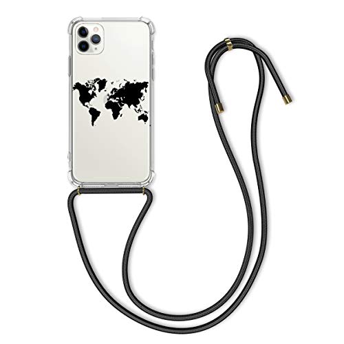 kwmobile Crossbody Case Compatible with Apple iPhone 11 Pro - Clear TPU Cell Phone Mobile Cover Holder with Neck Cord Lanyard Strap - Travel Outline Black/Transparent