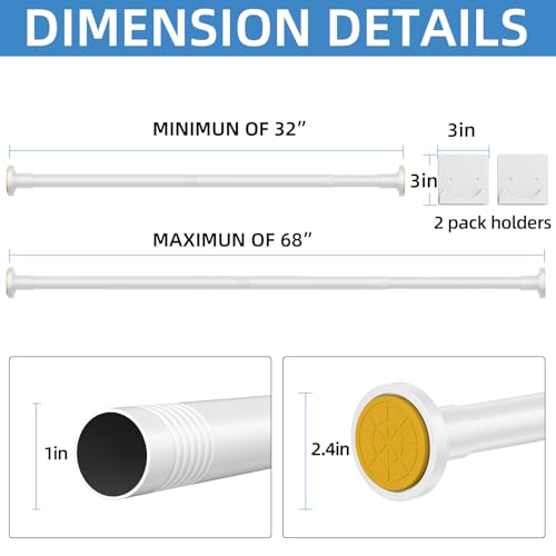 Image of CorkLatta White Shower Curtain Rod,1 Inch Diameter Stainless Steel Adjustable Spring Tension Rods 32 to 68 inch,with Holders,Anti-Slip,Curtain Rods No Drilling(1 Pack)