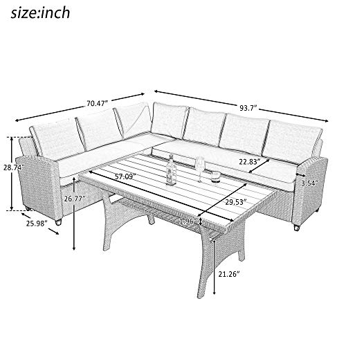 Merax 5 Pcs Patio Dining Sets, Pe Rattan Sectional Sofa Sets, Outdoor Patio Furniture Wicker Sofa With 2 Stools, Table & Cushions, Patio Conversation Set, Grey+Grey #TOP5