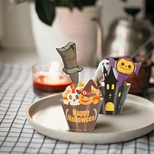 jojofuny 12 Conjuntos de Invólucros de Cupcakes de Halloween Toppers de Cupcakes de Halloween Forros