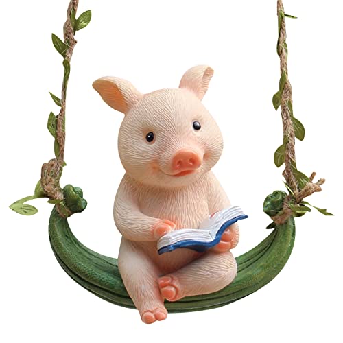WAYUTO Swing Resin Pig Reading Garden Figurine Lovely Hanging Handcraft Animal Sculpture with Hanging Rope Outside Decoration Tree Hanging Decor for Home Corridor Courtyard Balcony