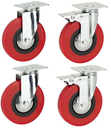 125mm Polyurethane Swivel Casters with Brakes - Top Plate Fitting Heavy Duty PU Casters Wheels by Bulldog Castors - Max 500Kg Per Set