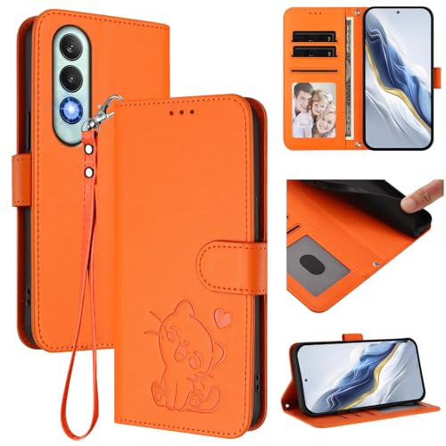 Jiajihua Cover Compatible with Vivo V50 Lite 5G,Compatible with Vivo V50 Lite 4G Lanyard【Flip Stand Card Holder Wallet Magnetic Clasp Phone Case】 Orange