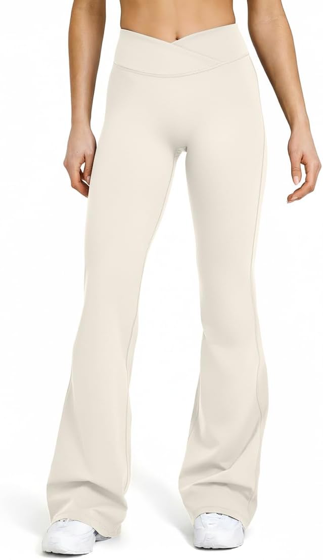 Sogetdo Crossover Flare Leggings for Women Seamless Tummy Control Bootcut Wide Leg Gym Workout Yoga Pants