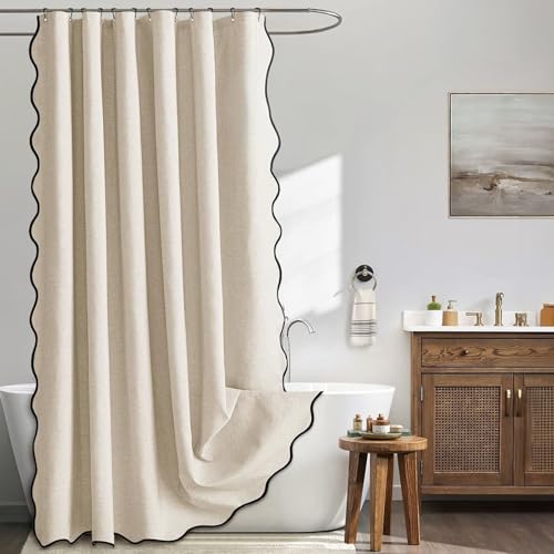 Homxi Duschvorhang Anti Schimmel Wasserdicht 180x200, Einfarbig Beige mit Schwarz Welle, Duschvorhang Polyester Badewanne mit 12 Duschvorhängeringen
