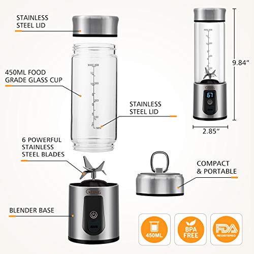 Portable Blender, G-TING Personal Smoothies Blender Cordless, Single Serve Mini Blender 450ml USB Rechargeable Small Juice Mixer Portable Juicer (Shakes, Smoothies, Home, Travel & Gym) FDA BPA Free - Thumbnail 6