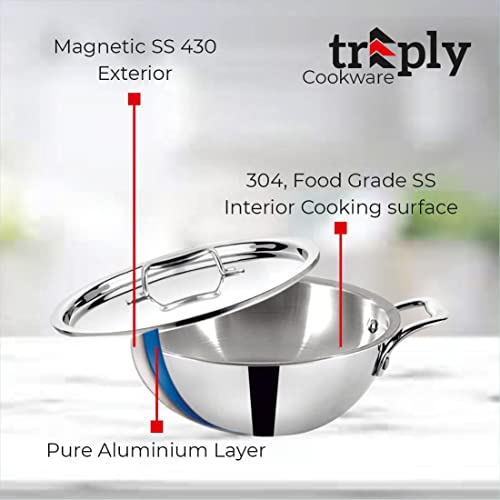 Image of BALTRA Triply Stainless Steel Kadhai with Lid | Perfect Kadhai for Curry /Stir-Fry /Deep-Fry /DryVeg /Saute Induction Friendly Naturally Non-Stick | 5 Years Warranty, 30cm, 5.4 litres Kadai for Cooking