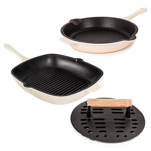 Berghoff Neo 3Pc Enameled Cast Iron Cookware Set, Fry Pan 10 inches, Grill Pan 11 inches, Slotted Steak Press, Fast, Evenly Heat, Oven safe (Meringue)