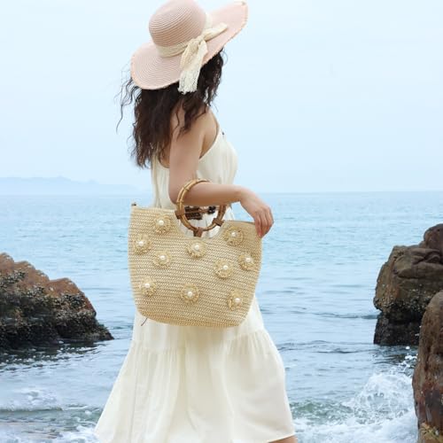 Bolso Tote de Paja con Perlas para Mujer Verano Playa miniatura 2