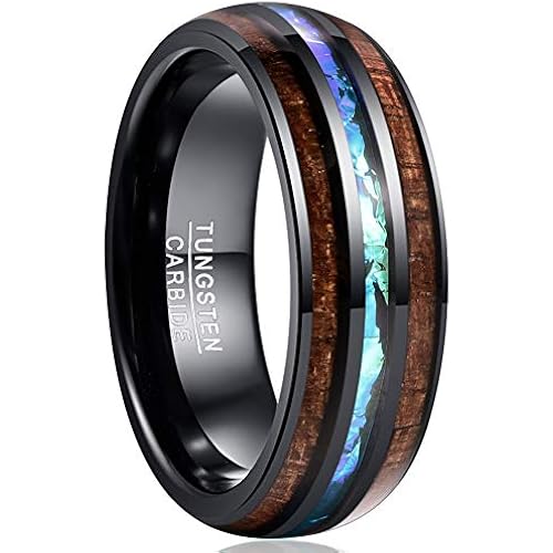 Vakki Mens Tungsten Wedding Band, Wood & Abalone Shell/Blue Center Inlay | 6/8mm Dome Hawaiian Koa Wood Ring for Men, Abalone Shell & Blue Opal Center Inlay, Comfort Fit, Sizes 4-17