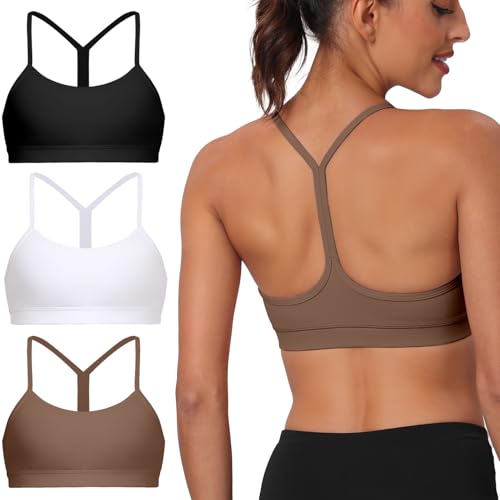 Image of Raxnode 3 Pack Women's Y-Back Sports Bra, Thin Spaghetti Strap Yoga Bralette with Removable Cups, Low Impact Wireless Bra