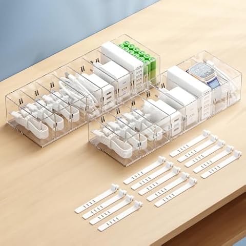 FRETONBA 2 Pack Cable Storage Organizer Box with 8 Compartments and 14 Wire Ties, Stackable Charger Organizer, Clear Cord organizer for Drawer, Adjustable Divider Cord Management Box Cover