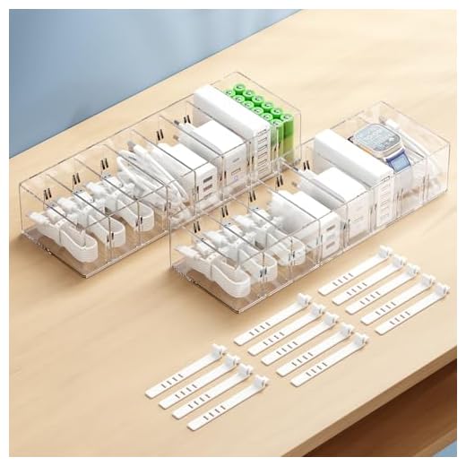 FRETONBA 2 Pack Cable Storage Organizer Box with 8 Compartments and 14 Wire Ties, Stackable Charger Organizer, Clear Cord organizer for Drawer, Adjustable Divider Cord Management Box