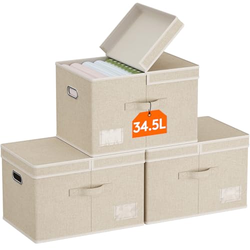 Lifewit Large Storage Bins with Lids, Fabric Foldable Storage Boxes with Handles, Decorative Closet Organizer, Stackable Cube Baskets Container for Bedroom, Office, Nursery, 3 Packs, Beige