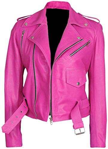 Womens Hot Pink Lambskin Real Leather Jacket - Motorcycle Style Fashion Brando Biker Genuine Leather Jacket3