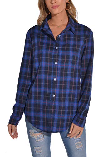 GUANYY Women's Long Sleeve Casual Loose Classic Plaid Button Down Shirt (Medium Blue, Medium)