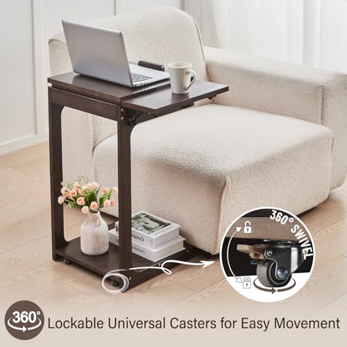 Image of Uniclinens C Shaped End Table for Couch, Rolling Side Table with Wheels Adjustable, Solid Wood TV Sofa Arm Eating Tray Table for Multi-Purpose, Small Coffee Table Living Room Bedroom, Walnut