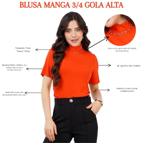 Kit 3 Blusas Tshirt Gola Alta Manga 3/4 Blusinhas Viscolycra Feminina (BR, Alfa, M, Regular, Preto B