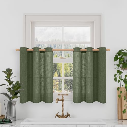 Image of LAMIT Short Linen Curtains 36 Inch Length 2 Panels, Light Filtering Window Curtains Farmhouse Soft Bronze Grommet Panels for Bathroom /Small Windows /Cafe, Olive Green, 34 x 36 Inch
