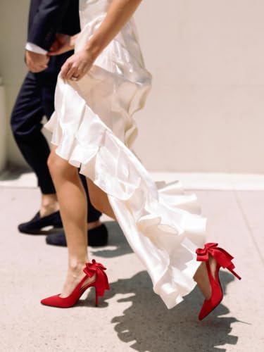 Image of Coutgo Womens Slingback High Heels with Bow Closed Pointed Toe Wedding Bride Dress Shoes Satin Pumps