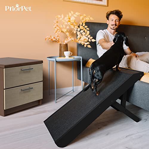 Hunderampe - Hundetreppe für kleine Hunde und große Hunde - Einstellbar 18-53 cm - Für Bett Sofa - Birkenholz - Landeplattform schließt nahtlos an - Rampe Hund Klappbar - Anti-rutsch Einsatz Schwarz