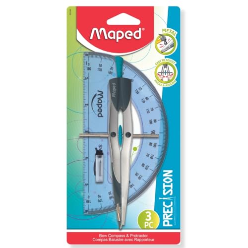Maped 291049 lot de 3 compas et rapporteur métal précision pour géométrie