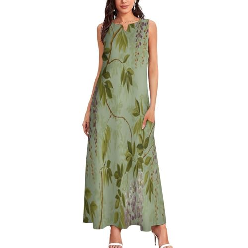 Robe longue imprimé plantes vertes d'olivier chic et fluide de qualité - 2